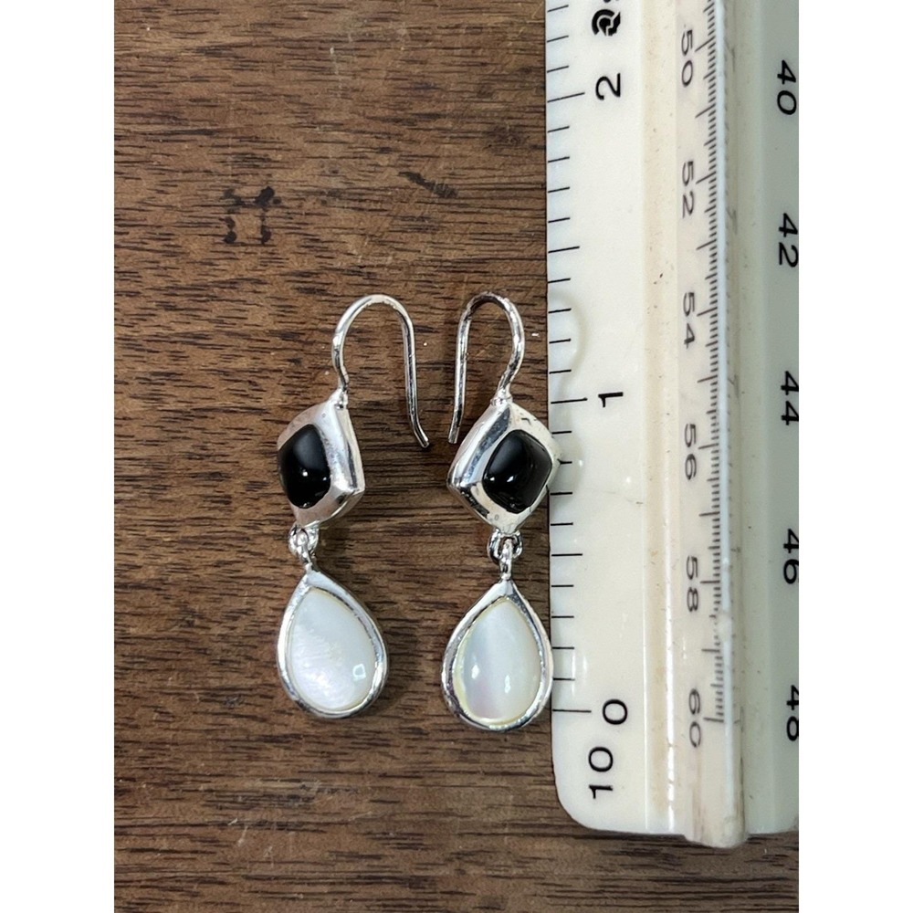 Vtg Sunstone Imports Dangle Drop Sterling Silver Earrings Black White Art Deco